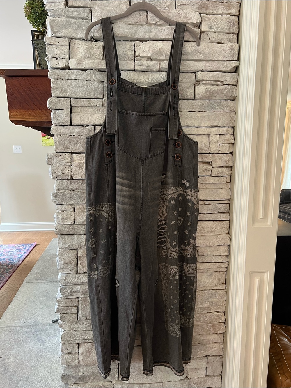 Easel Black Washed Denim Distressed Overalls Size Large